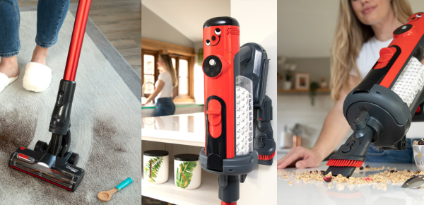 Henry Quick being used on a carpet cleaning up dirt and dust, attached to wall dock with accessories and also being used to clear split cereal on a worktop